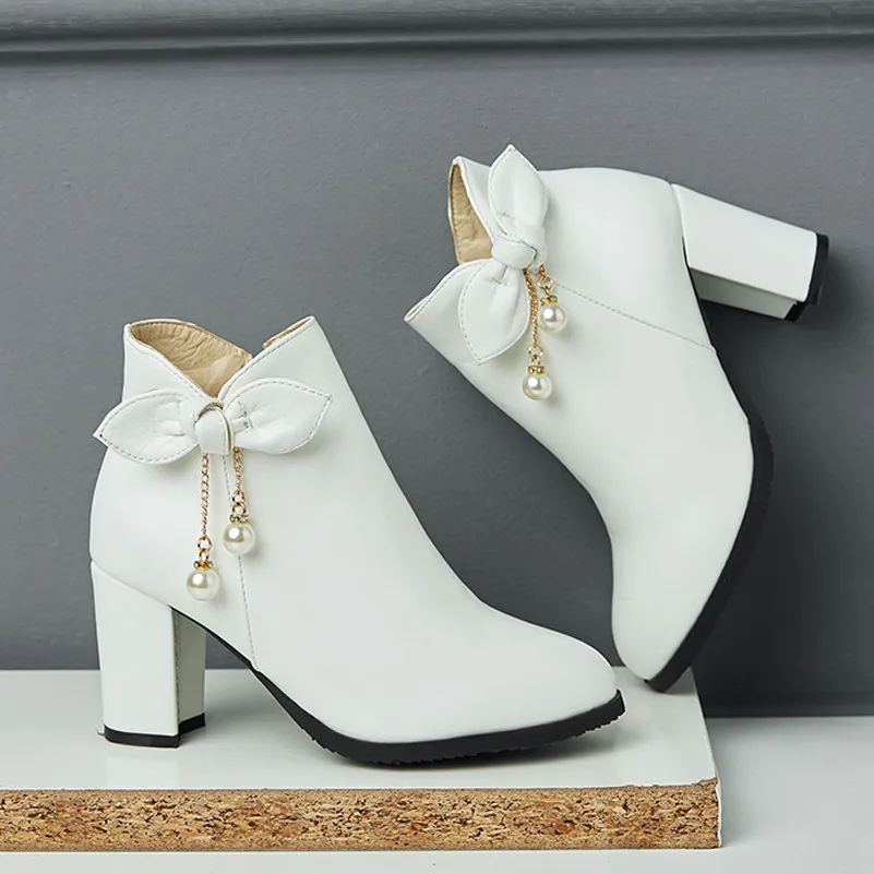 ANNYMOLI Winter Ankle Boots Women Boots Bow Zipper Thick Heel Short Boots Pearl Super High Heel Shoes Lady Autumn Big Size 33-43 ANNYMOLI Winter Ankle Boots Women Boots Bow Zipper Thick Heel Short Boots Pearl Super High Heel Shoes Lady Autumn Big Size 33-43