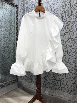 

2020 Early Autumn New Women's round Neck Beveled Ruffles Stitching Bell Sleeve Solid Color All-match Shirt 816