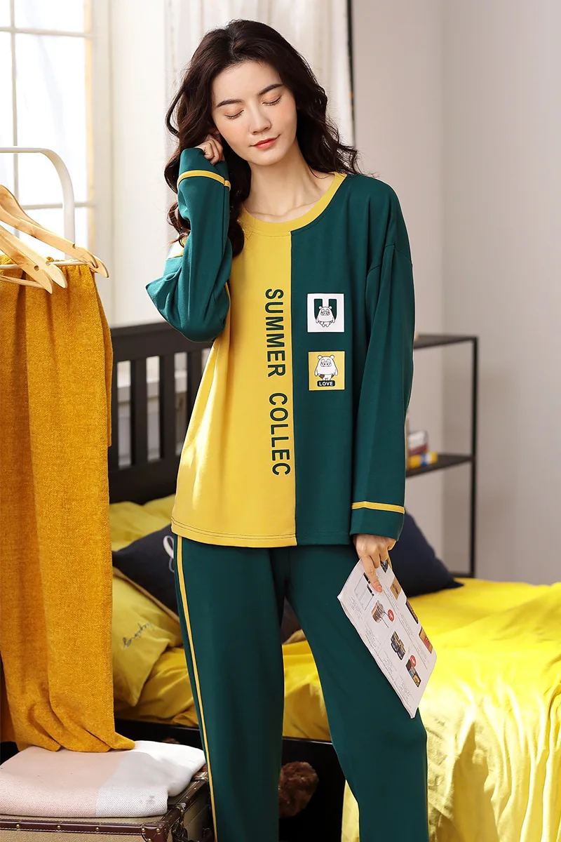 

2019 Pajamas Women's Spring And Autumn Pure Cotton Korean-style Pullover Tracksuit Sweet Long-sleeve Suit Students Long Sleeve T