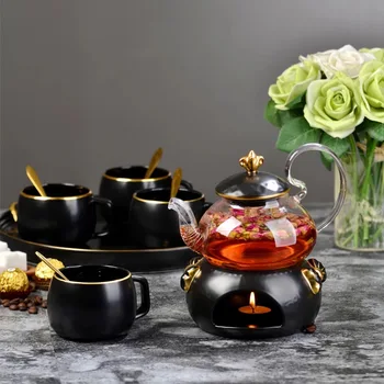 

Nordic Ceramic Coffee Teacup Set With Glass Teapot Porcelain Tray Black British Style Flower Tea Mugs