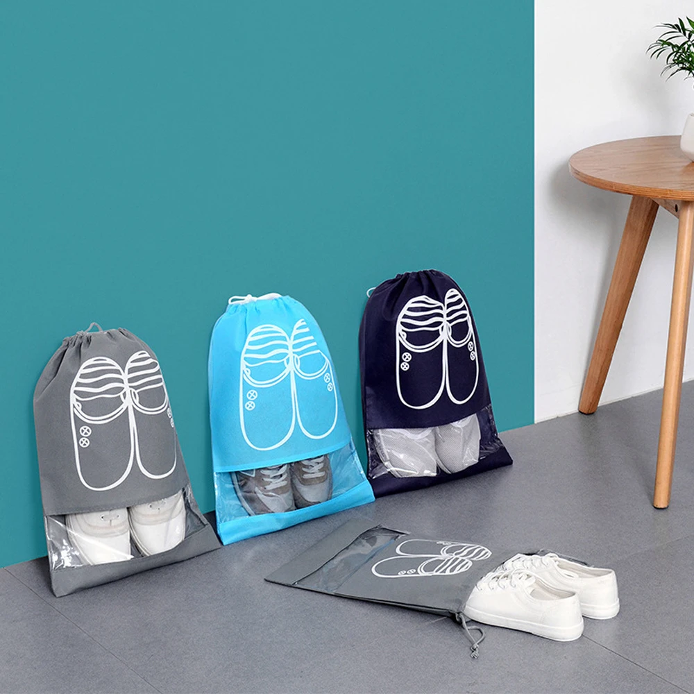 

5pcs Transparent Shoes Storage Bag Dustproof Foldable Portable Cover Drawstring Thick Outdoor Travel Sundries Pouches Non-Woven