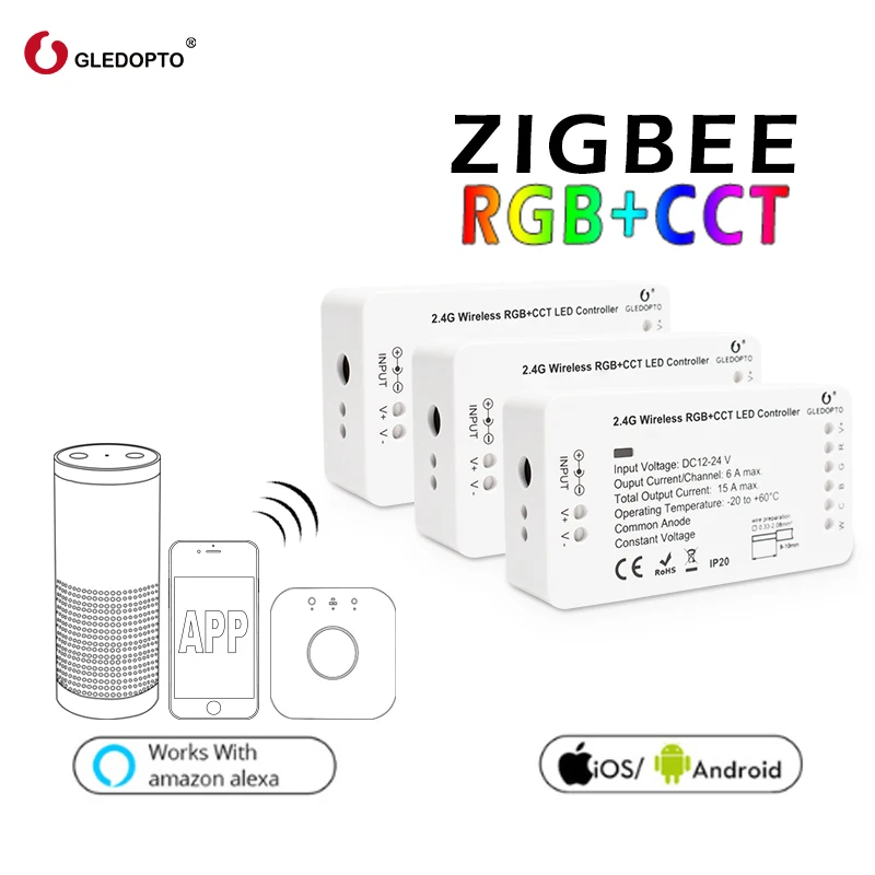Gledopto Zigbee 3.0 2ID Smart RGB+CCT Switch DC12-24V LED Strip Voice Remote Switch Dimmer Controller Work with Amazon ECHO