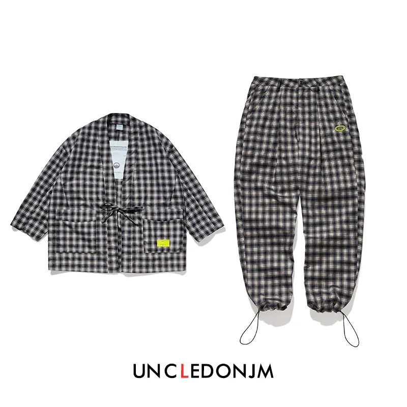 UNCLEDONJM комплект из 2 предметов для мужчин в стиле хип-хоп, мужской комплект в клетку, три четверти, кимоно, рубашка и брюки в японском стиле, мужские костюмы оверсайз, A49/A50