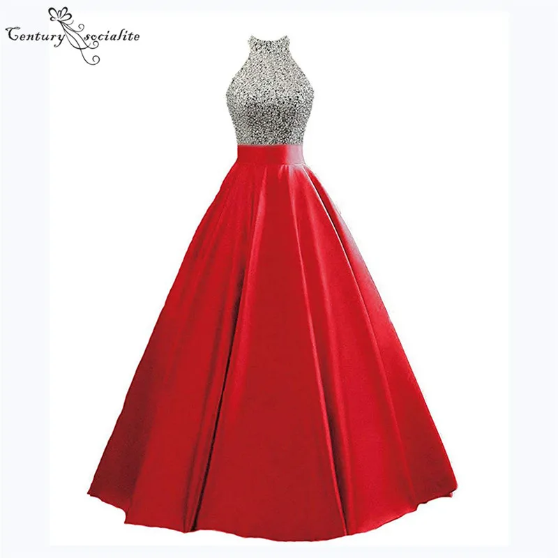 

Red Evening Dresses Long 2020 Beaded Sequins Backless Floor Length A-Line Satin Prom Dress Formal Party Gowns Robe De Soiree