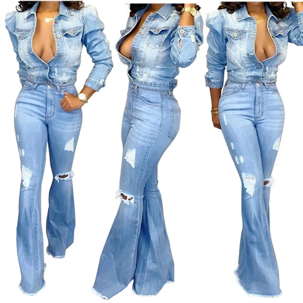 

2020 Newest Hot Spring Women Fashion Hole Zipper Pocket Straight Jeans Flare Wide Leg Pants Boot Cut Pant Trousers