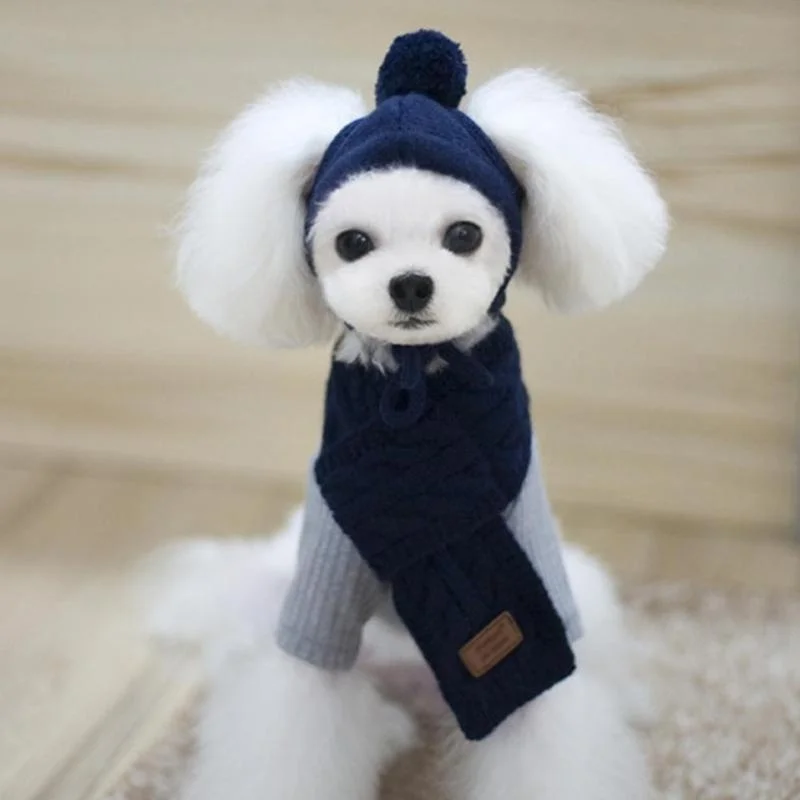 Hat For Dogs Winter Warm Stripes Knitted Hat+Scarf Collar Puppy Teddy Costume Christmas Clothes santa dog costume - Цвет: navyblue
