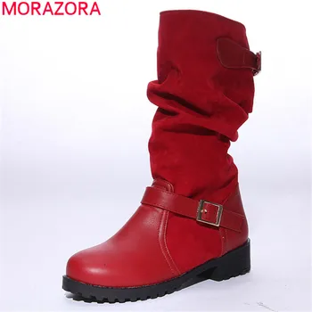 

MORAZORA 2020 large size 35-43 winter mid calf boots fashion square heels buckle shoes woman keep warm simple women boots