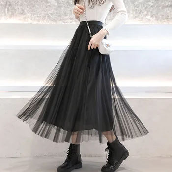 

2020 Spring Summer Vintage Skirts Womens Elastic High Waist Tulle Mesh Skirt Long Pleated Tutu Skirt Female