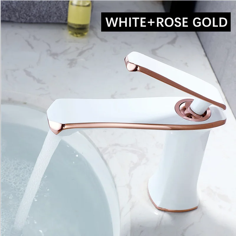 White Rose Gold Modren смеситель для раковины для ванной комнаты, Твердый латунный Смеситель для мойки, водопроводный кран, горячая холодная, черная, розовая, золотистая, белые хромированные, с одной ручкой ML8076 - Цвет: White Rose Gold