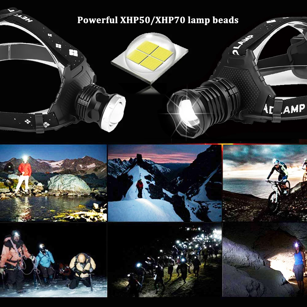 Мощный XHP50/XHP70 светодиодный налобный фонарь USB Перезаряжаемый 5 режим освещения Фара Водонепроницаемый зум рыболовный свет с помощью аккумулятора 18650