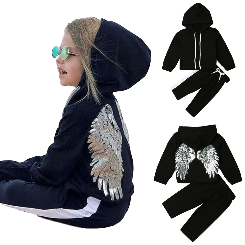 2PCS Baby Infant Girl Newborn Clothes Sequins Wing Hooded Tops Pants Kids Warm Clothes Outfits Tracksuit Children Streetwear
