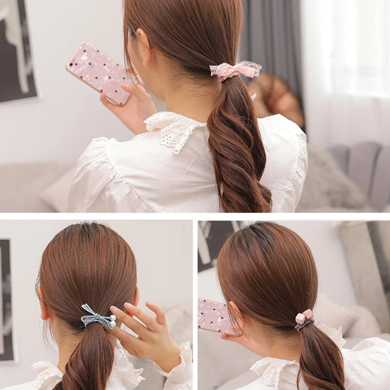 12Ps/Set Elastic Hair Bands For Hair Tie Blue Pink Women Girls Korean Flower Pearl Hair Bands Ponytail Holder Hair Accessories big hair clips