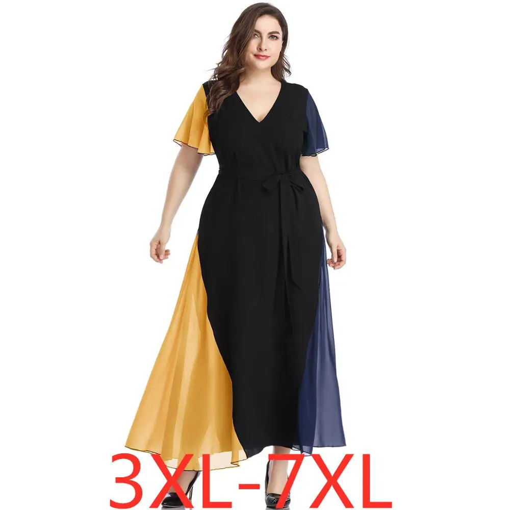 Новые летние платья размера плюс для женщин, элегантное свободное Повседневное платье с коротким рукавом и большим v-образным вырезом на поясе, вечернее платье 3XL 4XL 5XL 6XL 7XL
