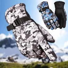 Homem inverno à prova dwaterproof água térmica luvas de dedo cheio grosso quente camuflagem impressão anti deslizamento palma ajustável neve equitação luvas de esqui