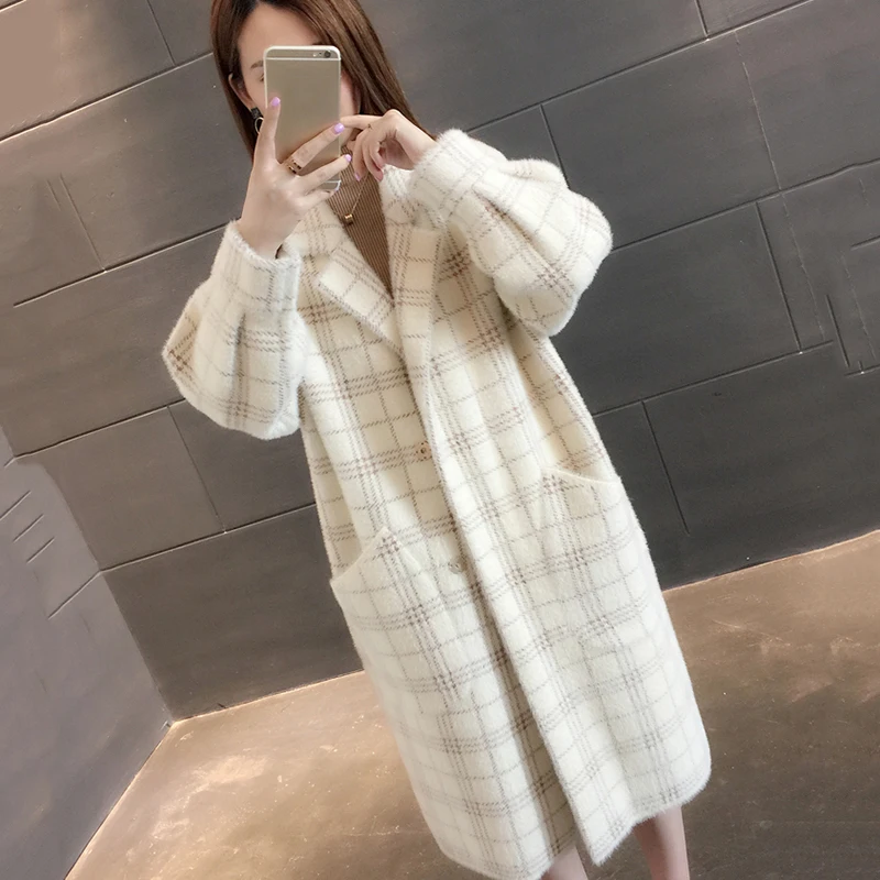 

Imitation Mink Cashmere Cardigan Sweater Coat Women 2019 New Coat Women Plaid Loose Knit Long Coat Female Autumn Sweater AN180