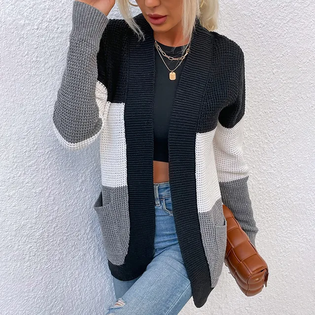 Knit Sweater Coats Women's Casual V-neck Curved Large Pocket Sweater Contrast Color Overcoat Femme Long Cardigan Outwear #4 4
