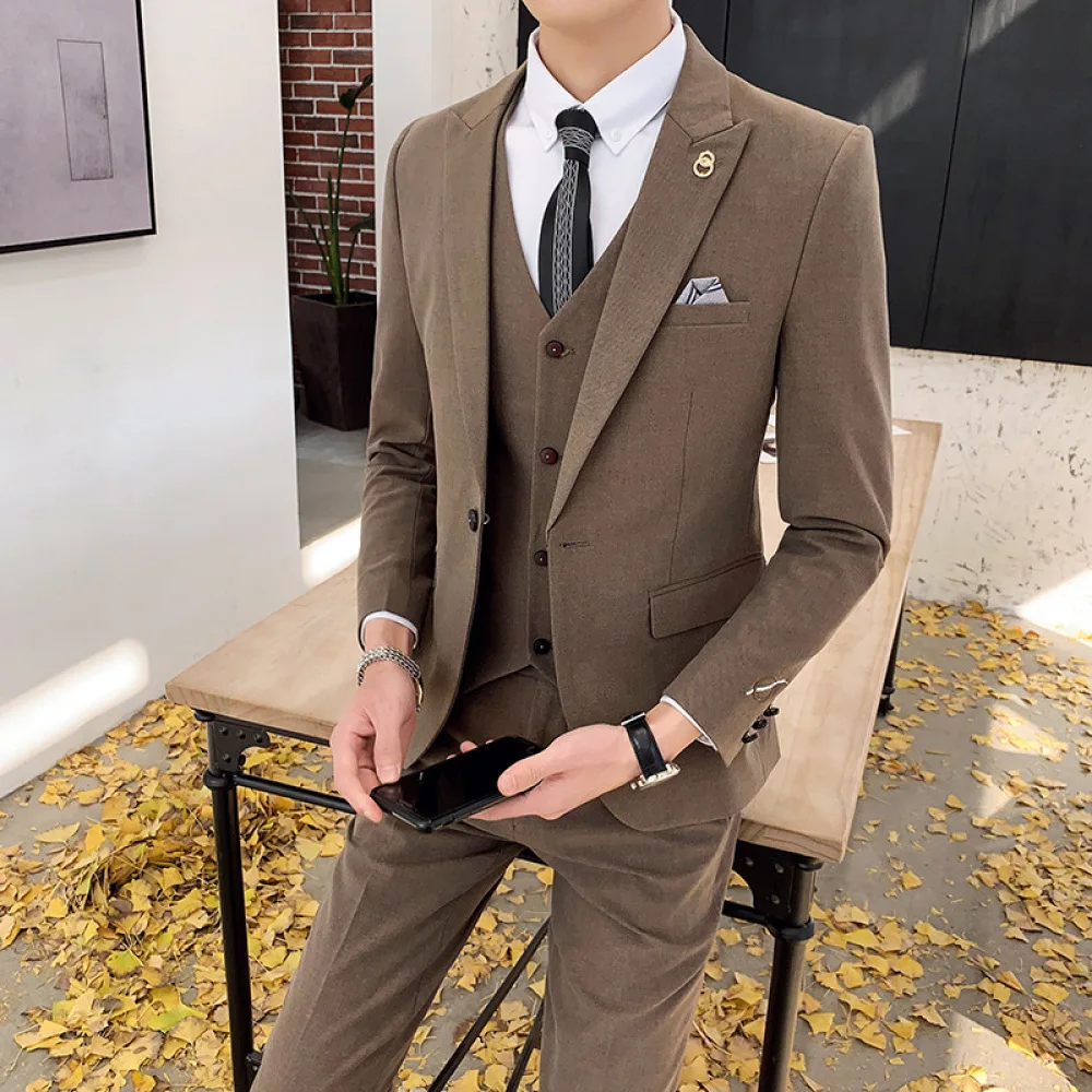 Solid Color Suit Male Set Korean Style Slim Fit Business Formal Wear Three  Pieces Fashion Leisure Suit Marriage Groom For Men - Suits - AliExpress