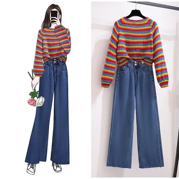 

rainbow stripe round collar short sense of raglan sleeve knit sweater design of tall waist wide-legged burrs jeans suit