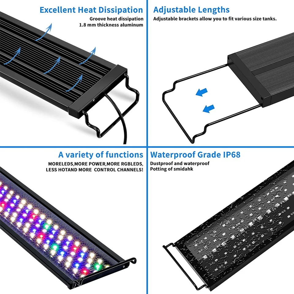 Luz LED Para Acuario 45cm - 18W, RGB+W, Temporizador 24/7, IP68, Ideal Para Plantas De Agua Dulce