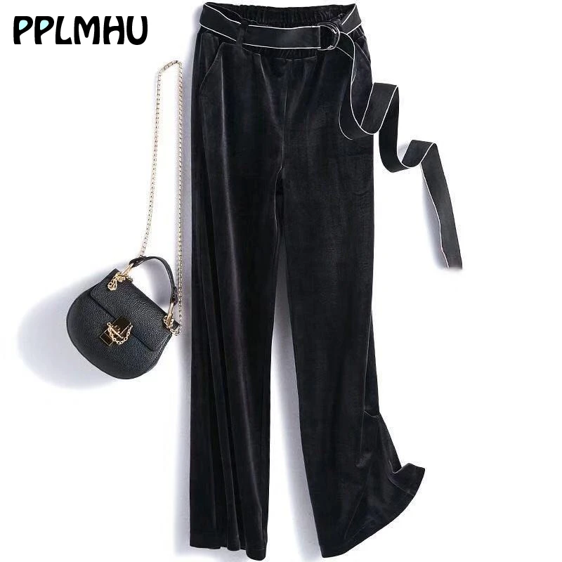 wide leg black velvet trousers