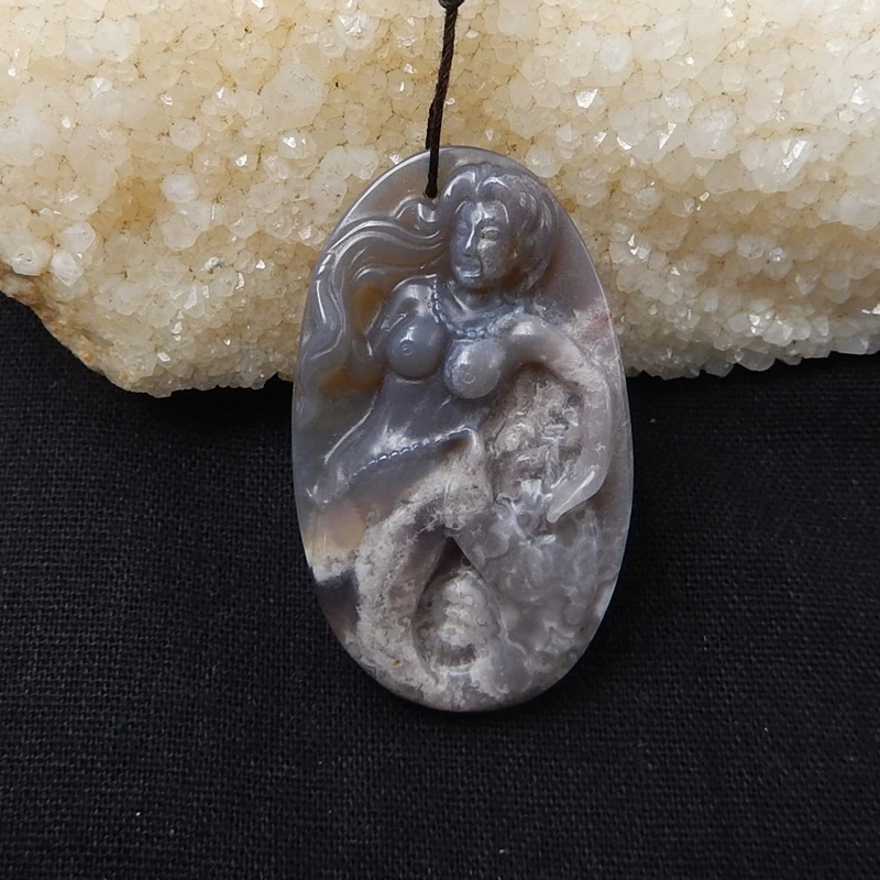 Natural Stone Agate Carved Mermaid Necklace Pendant 56x33x7mm 20.9g Semiprecious Stone Fashion Pendant Jewelry Making