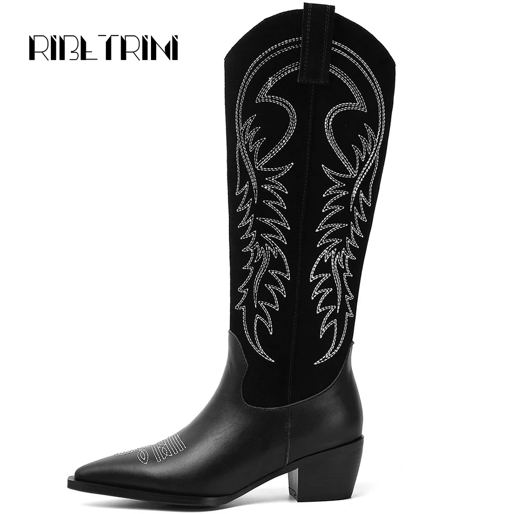 

RIBETRINI Women Genuine Leather Chelsea Boots Chunky Heels Pointed Toe Embossed Flower Motorcycle Shoes Woman Slip On Knee Boots
