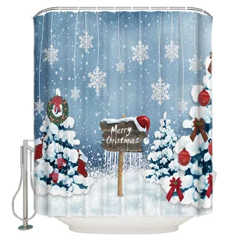 

Christmas Snow with Christmas Tree Snow Red Socks Shower Curtain Merry Christma Bathroom Curtain Home Decoration