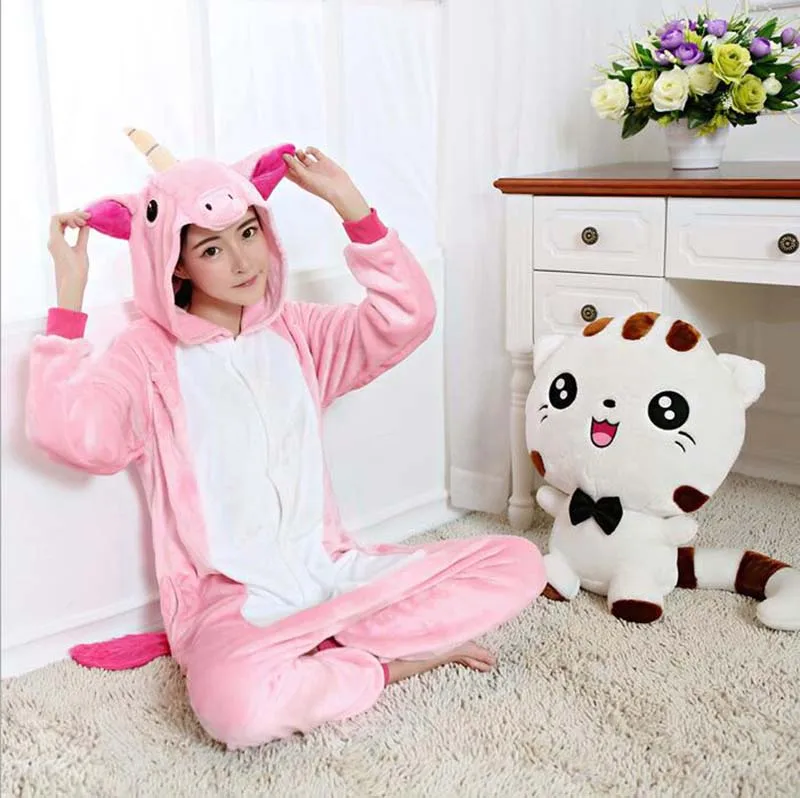 Pink unicorn Унисекс, женские и детские пижамные комплекты с единорогом, фланелевые пижамы с животными, зимняя теплая ночная рубашка с единорогом, пижама, одежда для сна, домашняя одежда - Цвет: Pink unicorn