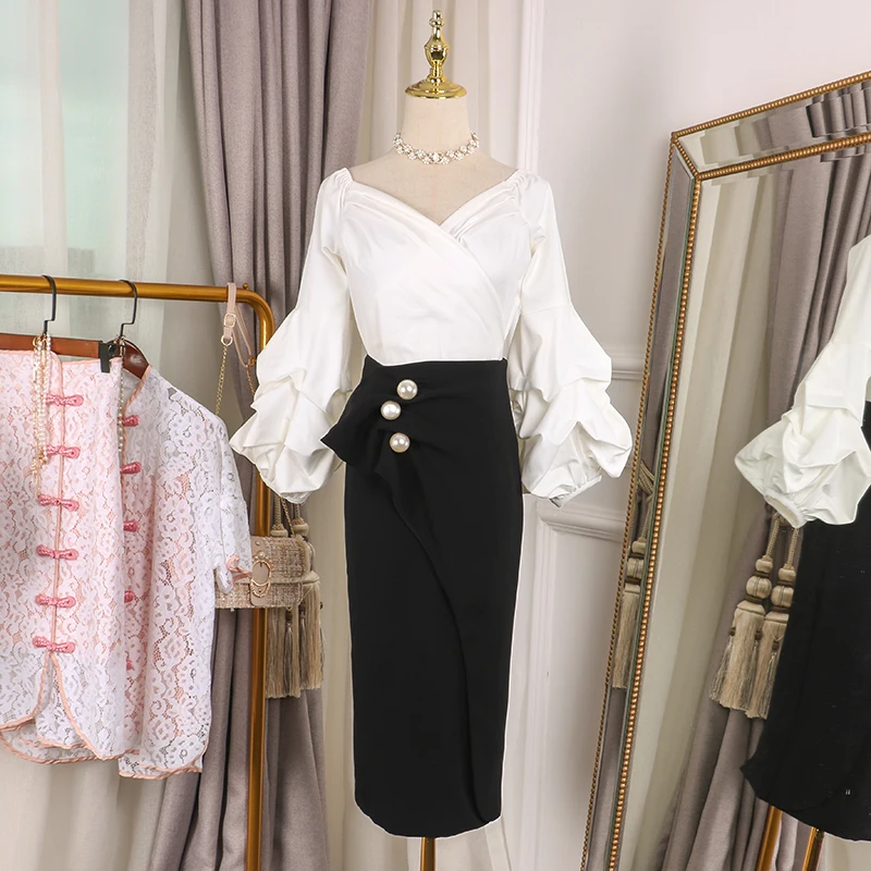 Year New Fashion Pearl Beading Ruffles Straight Skirt Solid Color Elegant Work Office Business Lady Skirts Clothes