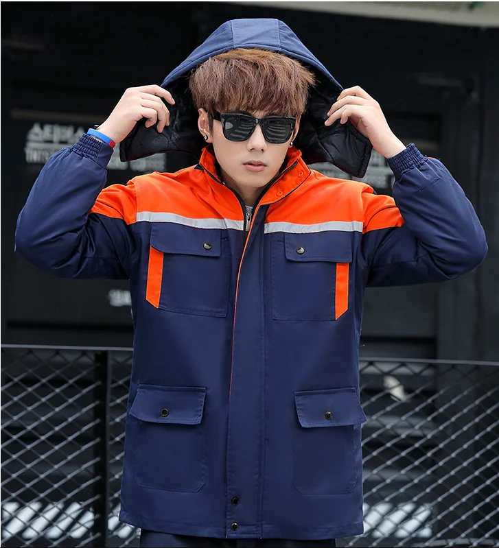 Roupas de trabalho de inverno algodau masculino grosso roupas de prova de vento frio algodau jaqueta removativel forro