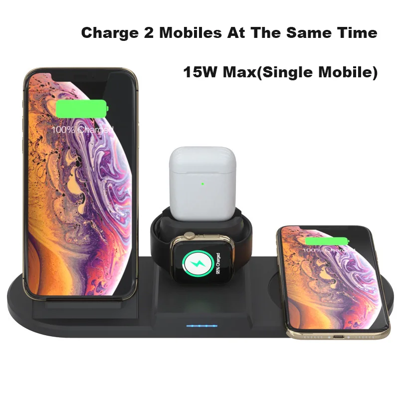 Двойной мобильный 15 Вт QI Быстрое беспроводное зарядное устройство для iPhone 11 Pro Max iWatch Apple Watch Airpods Беспроводное зарядное устройство Держатель смарт чашка кружка