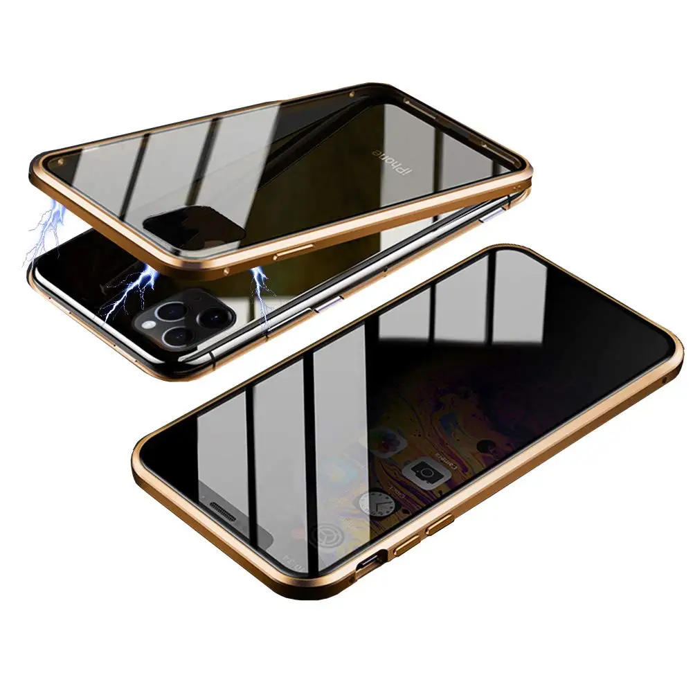 Магнитное закаленное стекло, металлический чехол для iPhone 11 Pro Max, антишпионский защитный двусторонний чехол для iPhone X XS - Цвет: Золотой