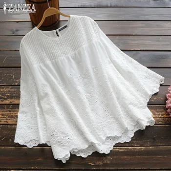 

ZANZEA Elegant Lace Tops Women's Autumn Blouse 2020 Casual Pleated Blusas Female Hollow 3/4 Sleeve Shirts Plus Size Tunic 5XL