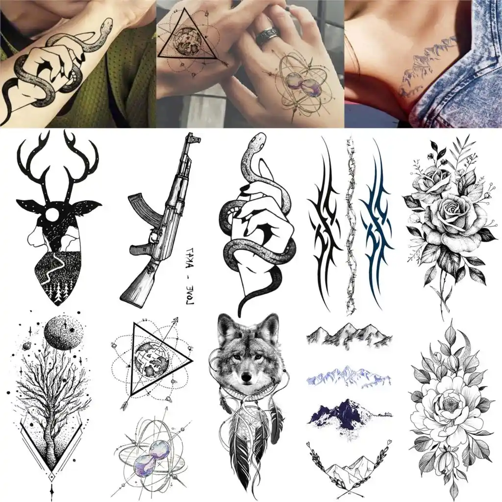 フォックス鹿一時的なタトゥーイラスト惑星山の花ninimalist偽ヘビ手男性チェーン偽宝石ak銃タトゥー Temporary Tattoos Aliexpress
