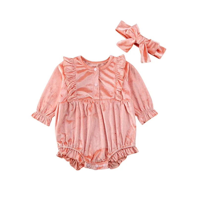 

Newborn Baby Girls clothes Ruffle round neck Botton long sleeve Bodysuit bow solid Headband 2pc kids Toddler lovely Outfits