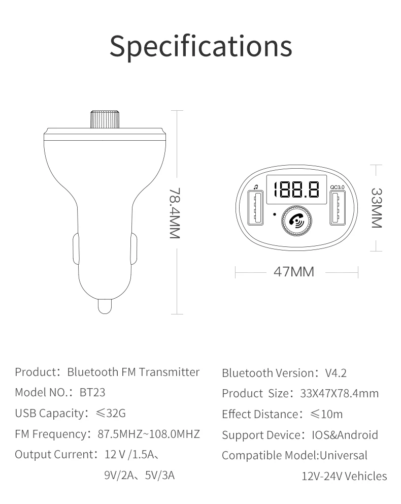 Bluetooth 4,2 Handsfree автомобильный комплект fm-передатчик модулятор QC3.0 быстрое зарядное устройство двойной USB беспроводной A2DP музыкальный плеер для двух телефонов