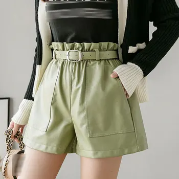 

Loose Elastic High Waist PU Leather Shorts Women England Style Sashes Wide Leg Short Ladies Sexy Leather Shorts Autumn Winter