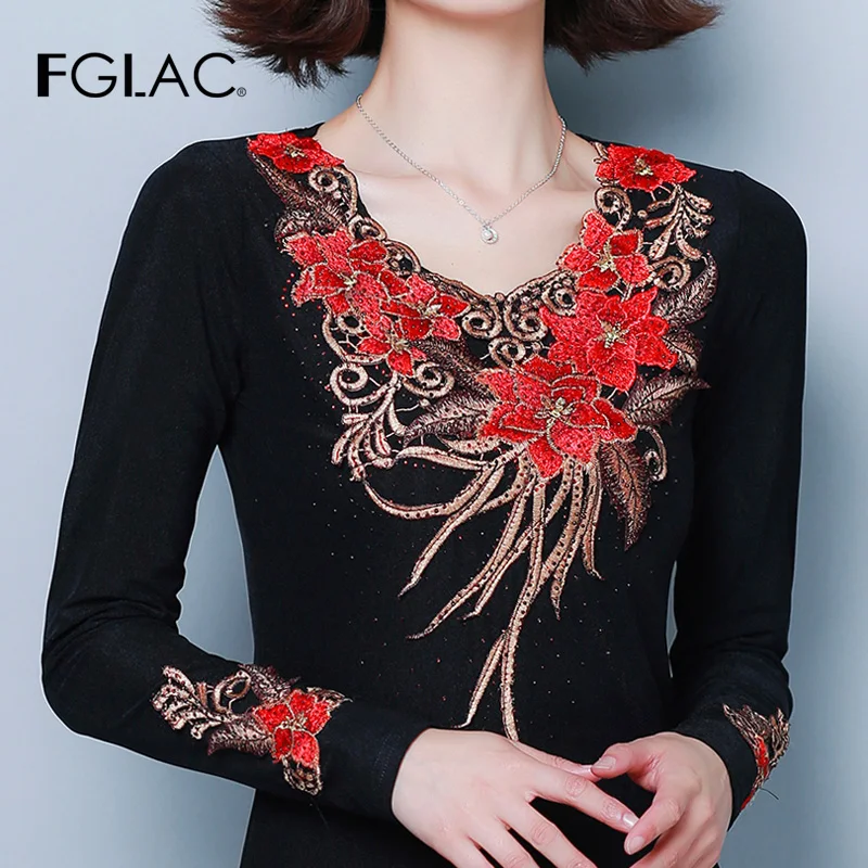 Красный 6XL blusas mujer de moda осень зима женская блузка с длинным рукавом рубашка с вышивкой размера плюс женские топы и блузки - Цвет: Красный