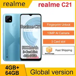 Téléphone portable realme C21 4GB 64GB 6.5 "HD Helio G35 5000mAh Battery13MP AI Triple Camera Smartphone avec fente pour 3 cartes 10W EU Charge 
