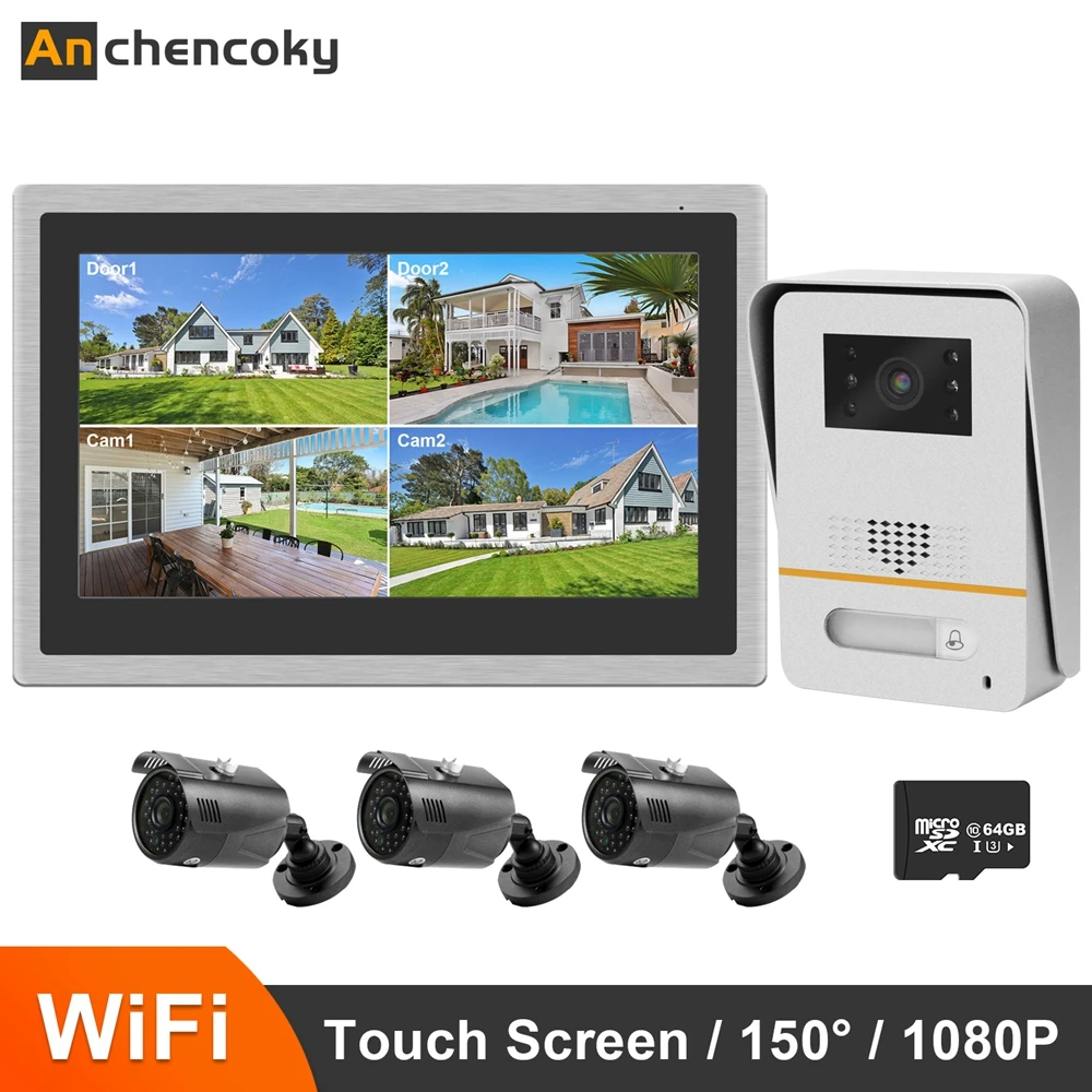 Anchencoky Wireless WiFi Video Door Phone 10Inch Intercom monitor 150° Wide Angle 1080P Doorbell Support Record Motion Detection