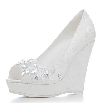 

YECHNE Wiggen Women High heels Shoes White Woman Wedding shoes Pumps Plus Size Fashion Sexy Crystal Wiggen Pumps 2019