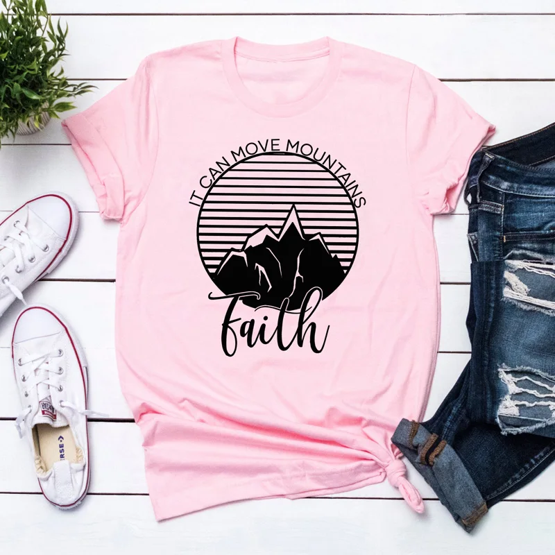 Футболка женская хлопковая с надписью Faith Can Move Mountain|Футболки| |