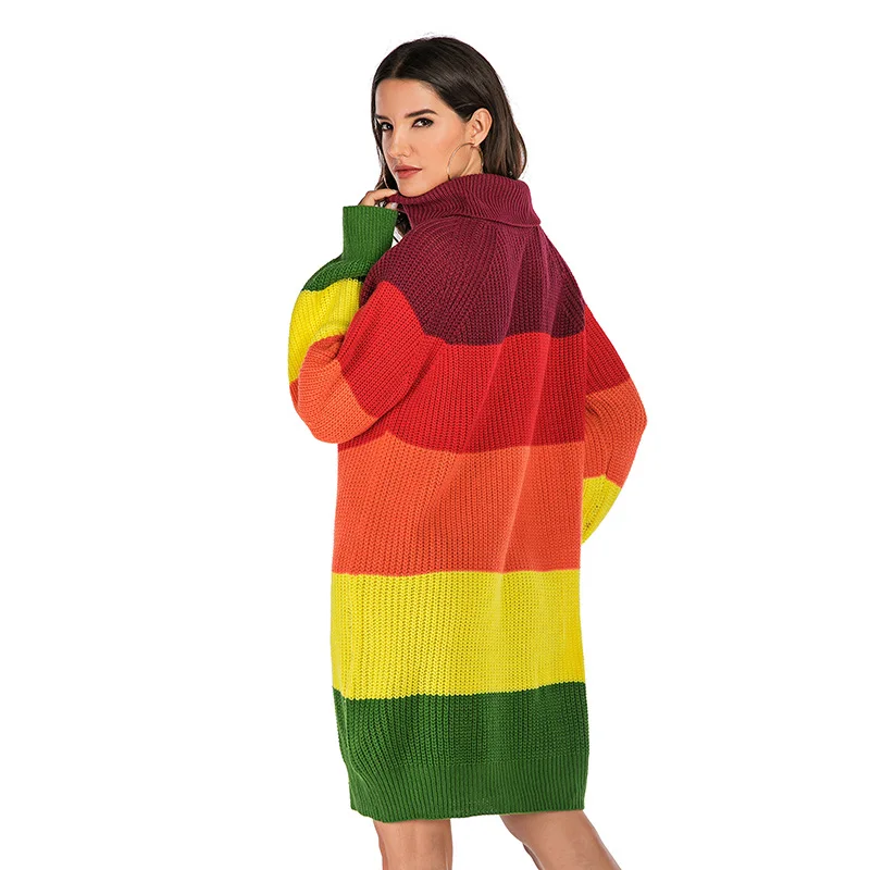 Осенний женский Радужный свитер, Модный Цветной полосатый Повседневный Свободный Длинный свитер, женский Водолазка с длинным рукавом, пуловеры