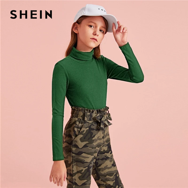 SHEIN Kids/однотонная трикотажная Повседневная футболка в рубчик с воротником-стойкой; детский топ; осень г.; приталенные базовые Детские футболки с длинными рукавами
