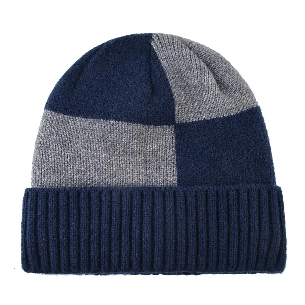 Вязаные шапочки Skullies, мужские зимние вязаные клетчатые шапки, модные вязаные Цветные Лоскутные шапочки, мужские уличные теплые шапки с добавлением бархата - Цвет: Blue