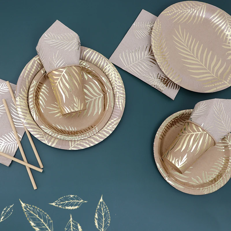 Disposable Kraft Paper Tableware Set – Golden Palm Leaf Pattern Plates, Cups, Napkins, ... - SKU KTS12264 - UGI Packaging