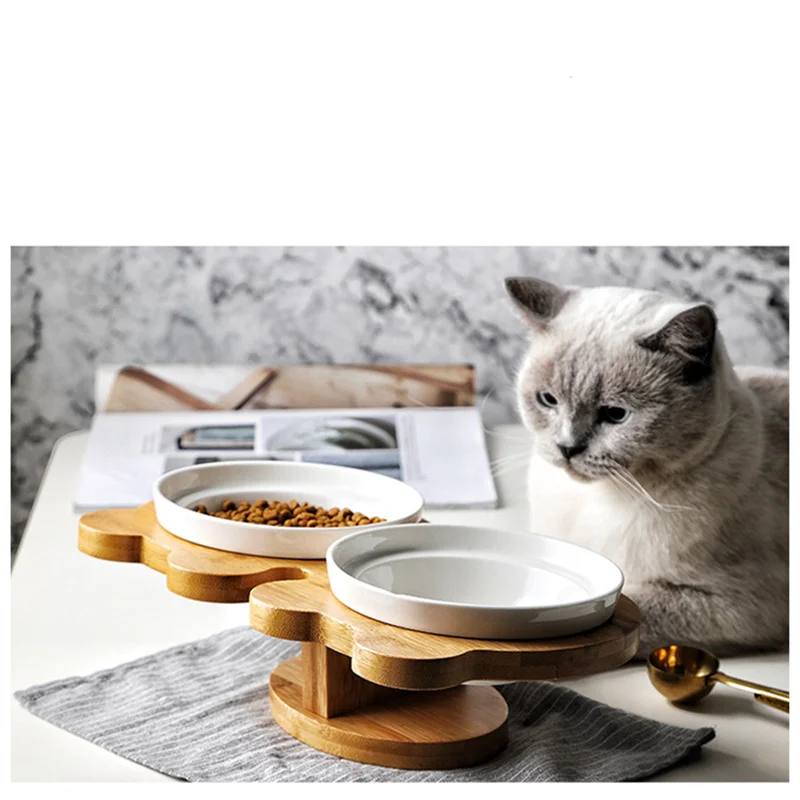 Лидер продаж Высококачественная миска для домашних животных бамбуковая полка керамические миски для кормления и питья для собак кошек двойные миски аксессуары для домашних животных
