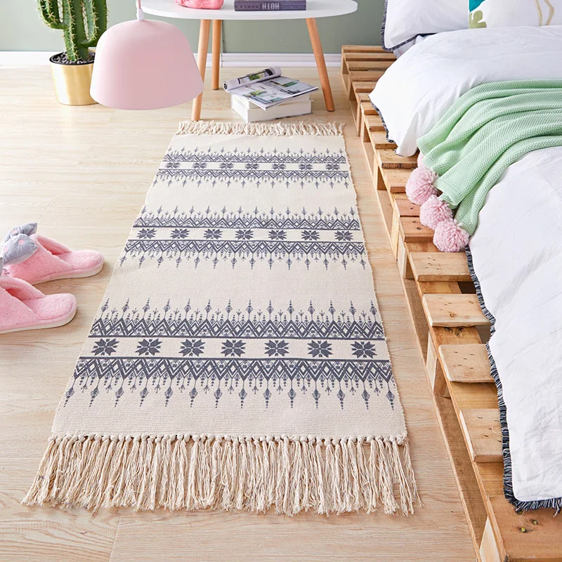 Us 23 34 29 Off Bohemian Handmade Woven Cotton Carpet Bedroom Modern Bedside Rug Tassels Mat Kitchen Simple Home Hallway Runner Rugs In Carpet From