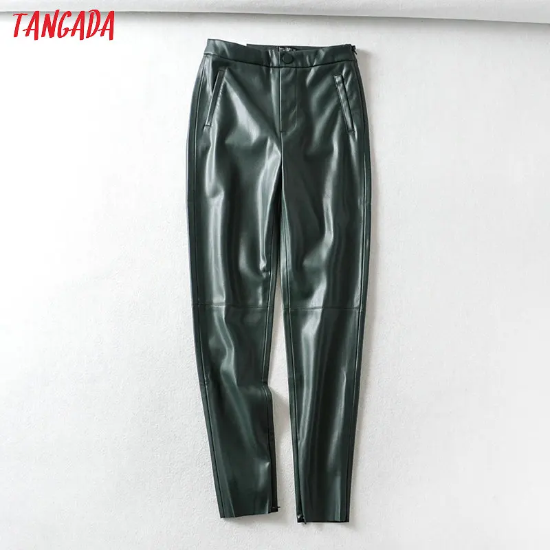 Tangada Женские Зеленые Черные обтягивающие штаны из искусственной кожи стрейч на молнии женские осенние зимние узкие брюки 6A344