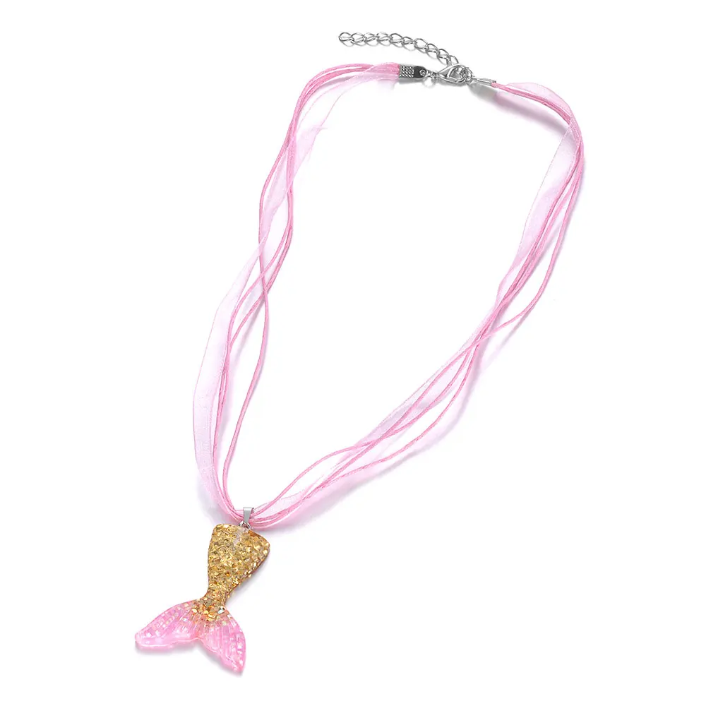 4 gold pink 7 шт./лот мягкая пряжа ленты Русалка украшения в виде рыб Цепочки и ожерелья для девочек Любимое детское платье русалки колье кулон из смолы Колье подарки - Окраска металла: 4 gold pink